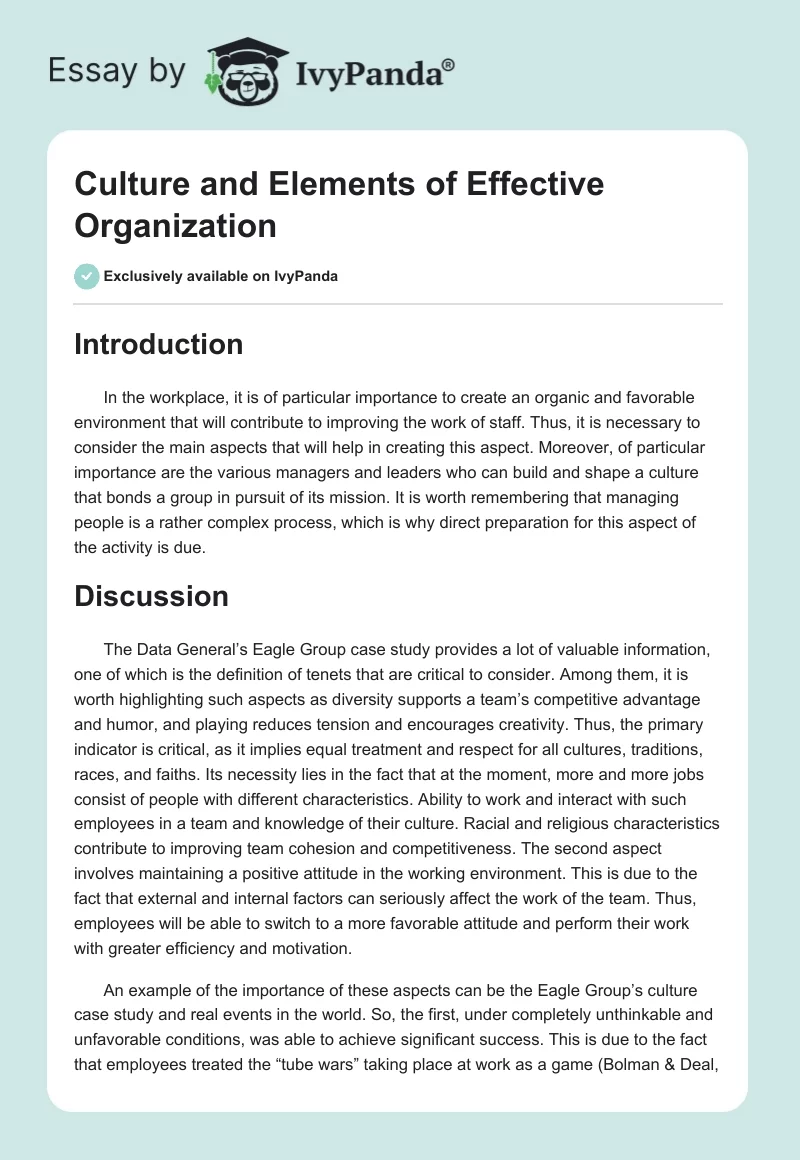 Culture and Elements of Effective Organization. Page 1