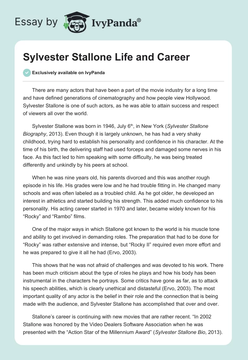 Sylvester Stallone Life and Career. Page 1