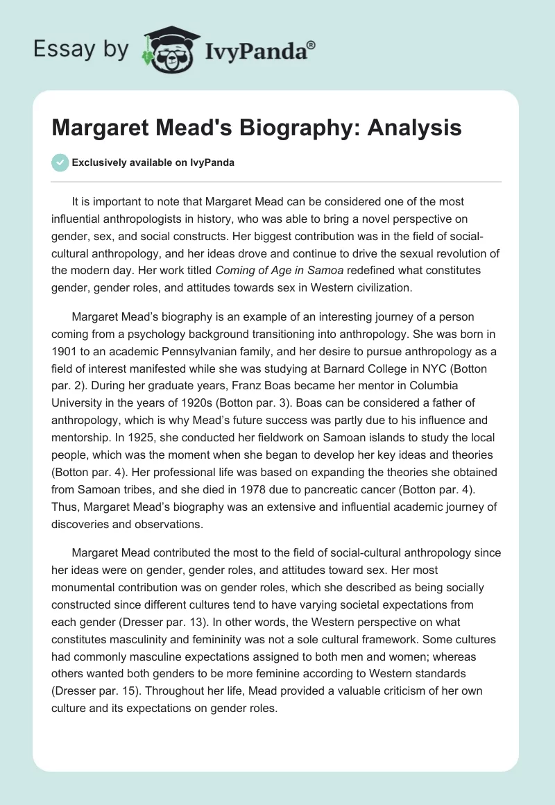 Margaret Mead's Biography: Analysis. Page 1