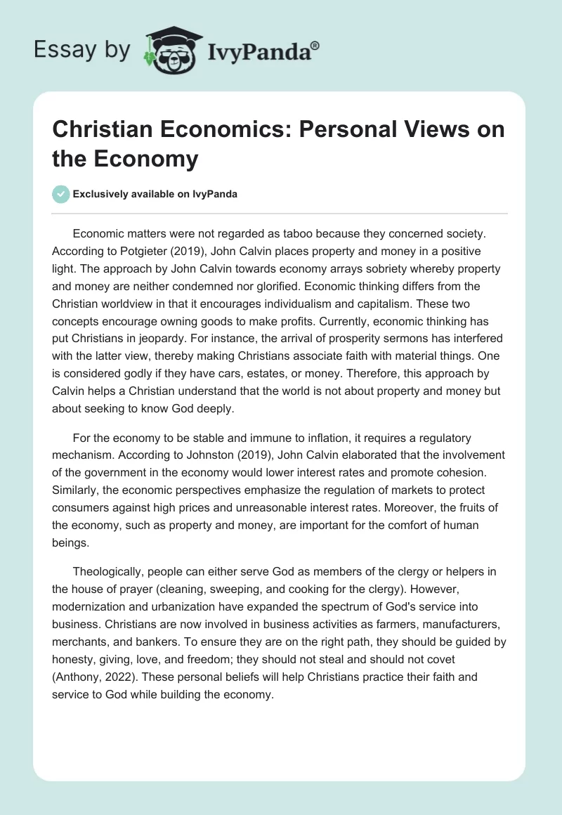 Christian Economics: Personal Views on the Economy. Page 1