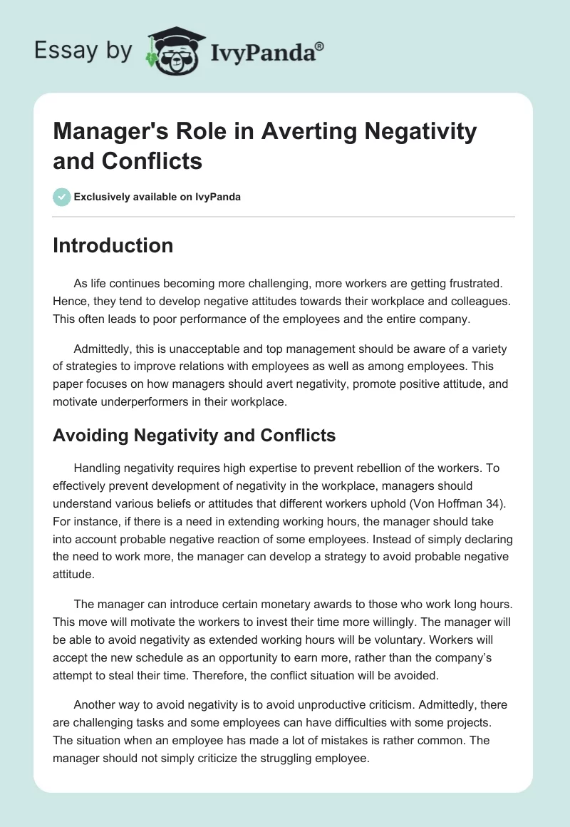 Manager's Role in Averting Negativity and Conflicts. Page 1