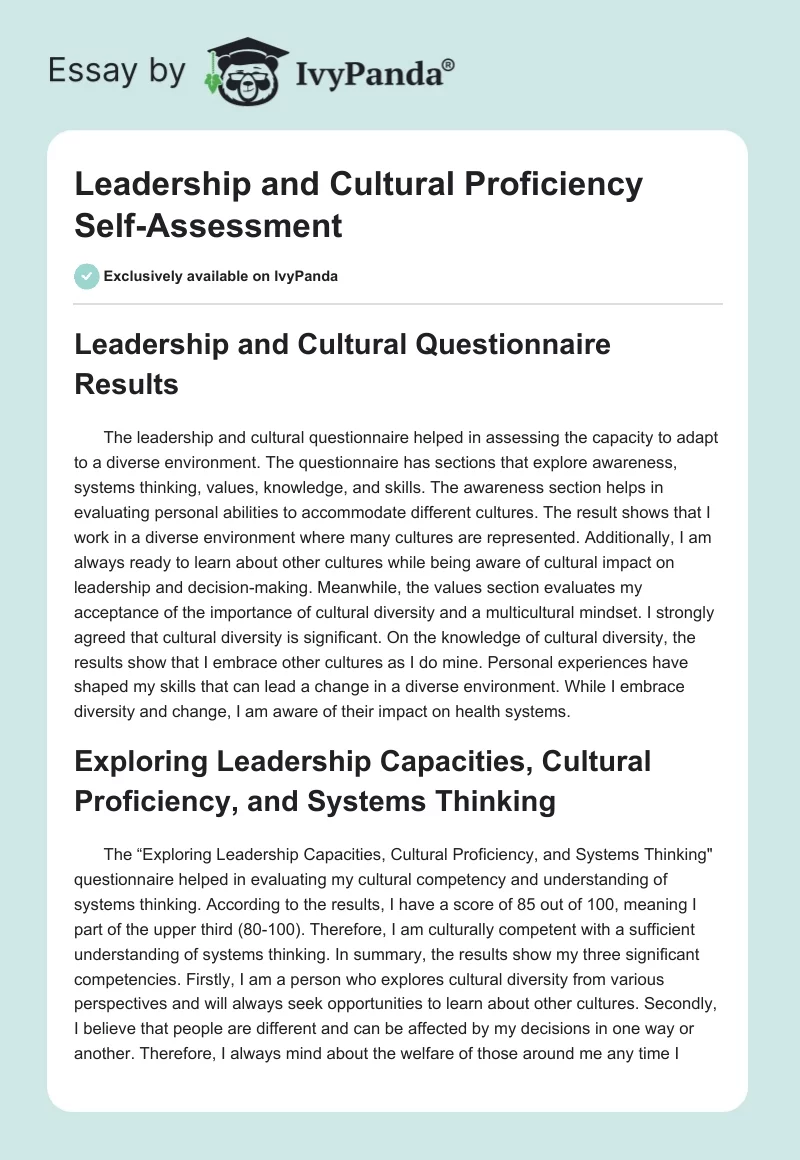 Leadership and Cultural Proficiency Self-Assessment. Page 1