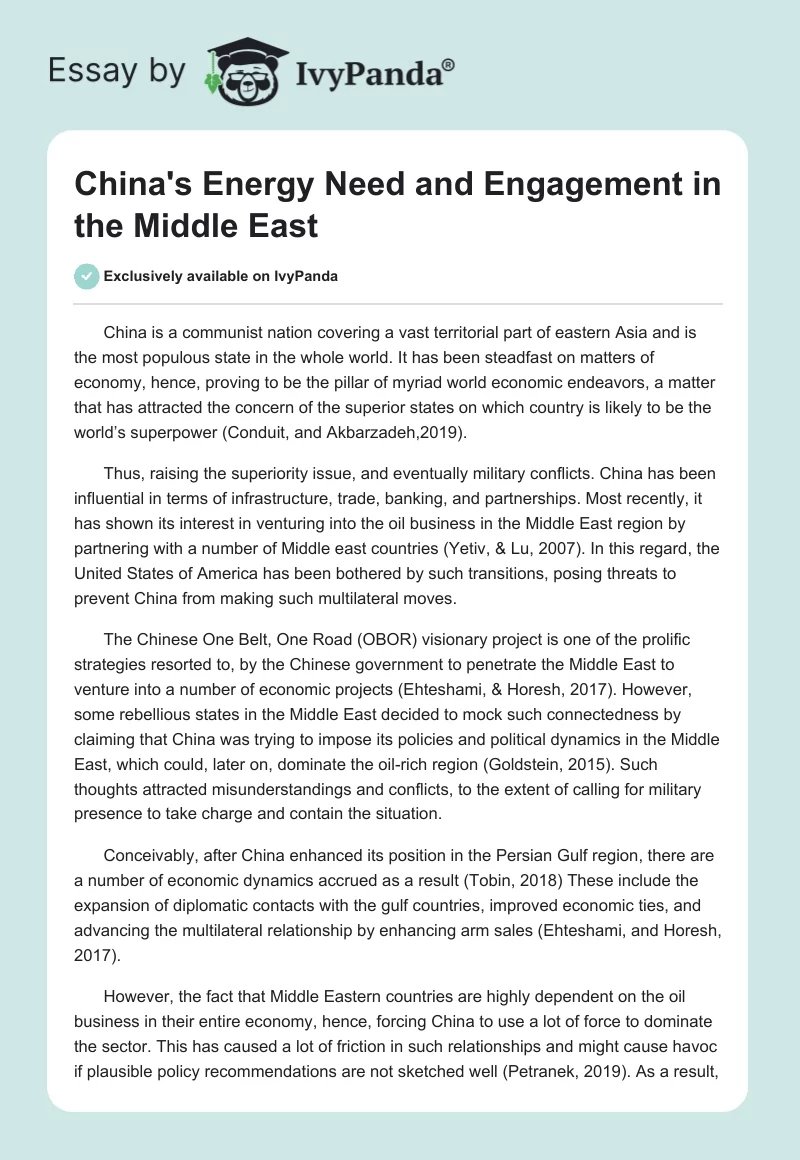 China's Energy Need and Engagement in the Middle East. Page 1