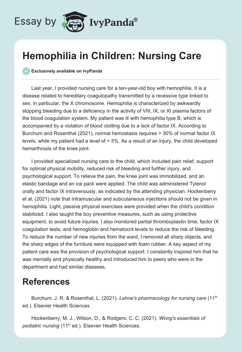 Hemophilia in Children: Nursing Care. Page 1