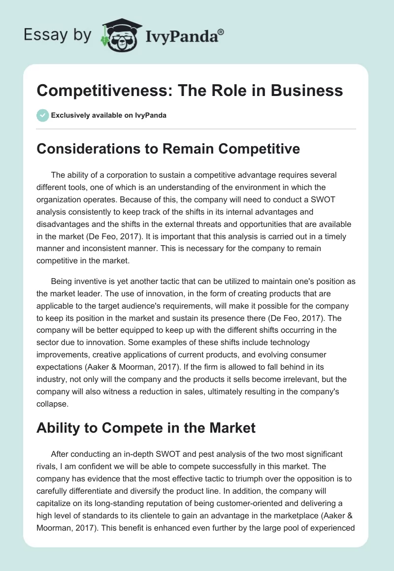 Competitiveness: The Role in Business. Page 1