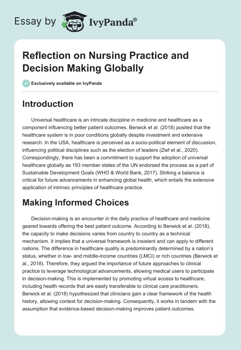 Reflection on Nursing Practice and Decision Making Globally. Page 1