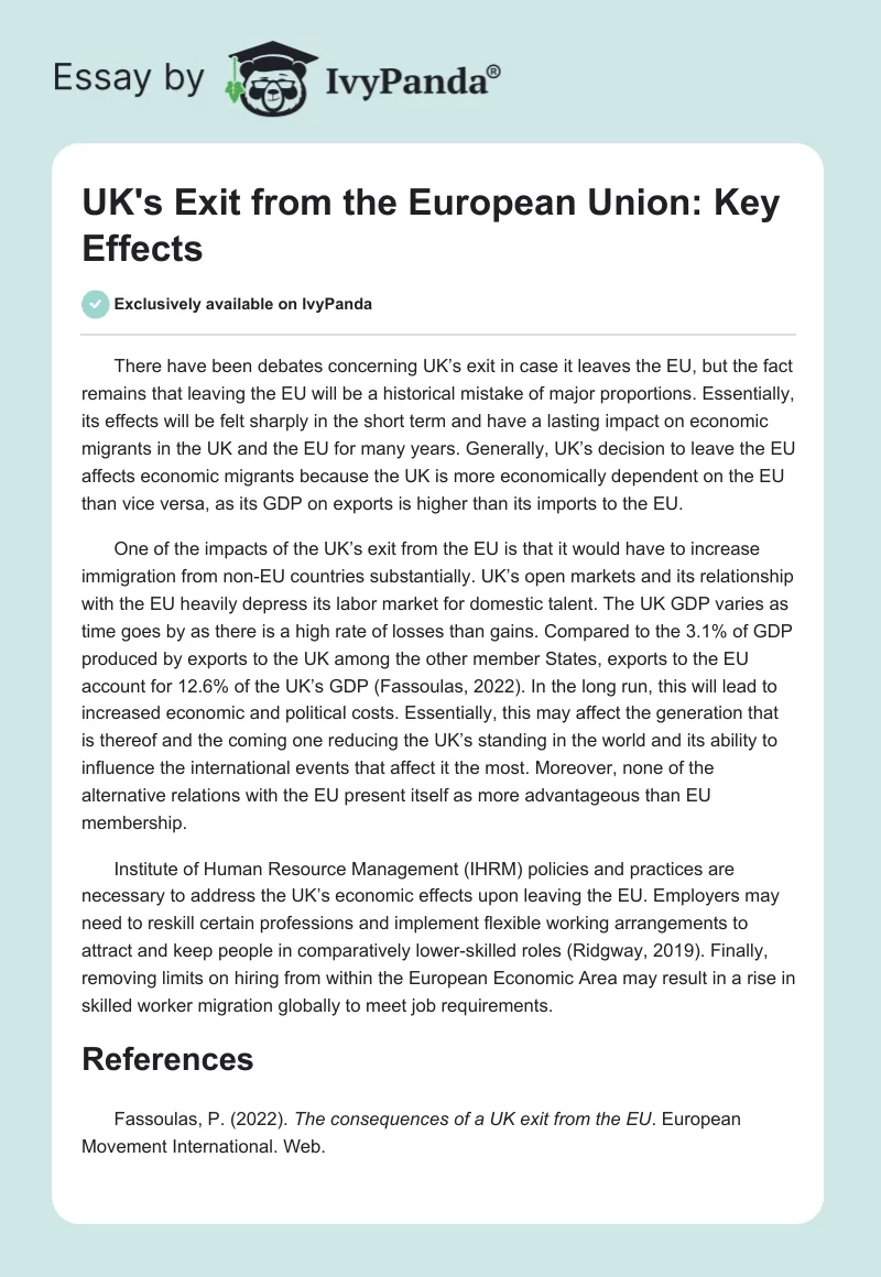 UK's Exit from the European Union: Key Effects. Page 1
