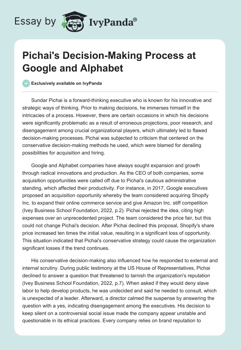 Pichai's Decision-Making Process at Google and Alphabet. Page 1