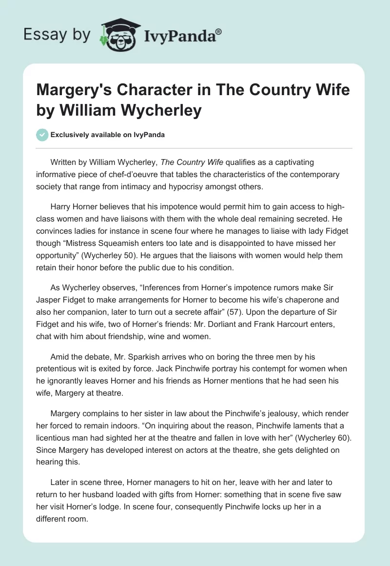 Margery's Character in "The Country Wife" by William Wycherley. Page 1