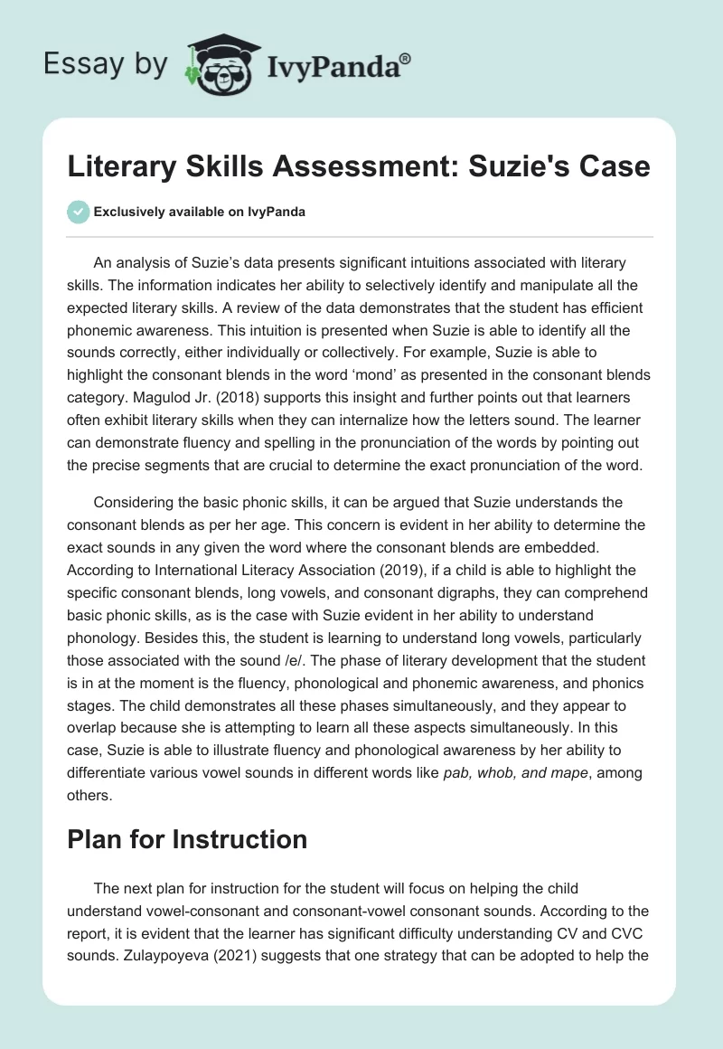 Literary Skills Assessment: Suzie's Case. Page 1