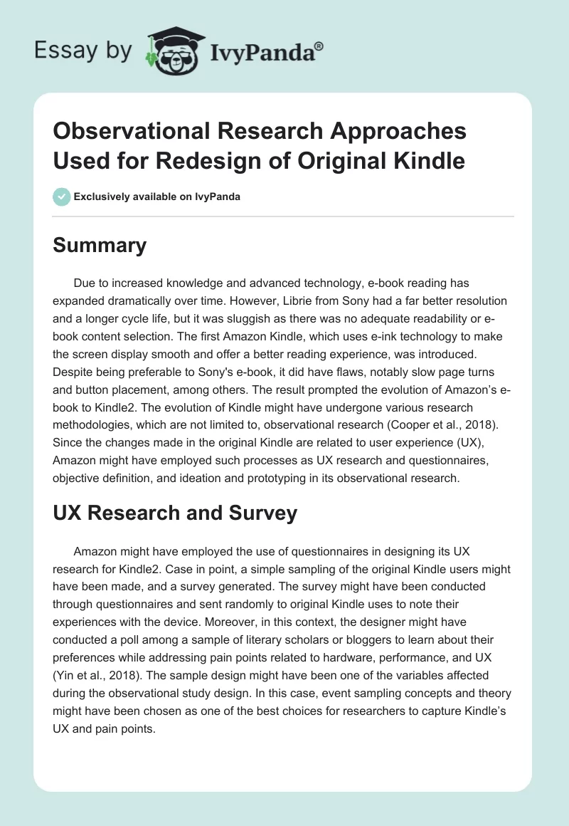 Observational Research Approaches Used for Redesign of Original Kindle. Page 1