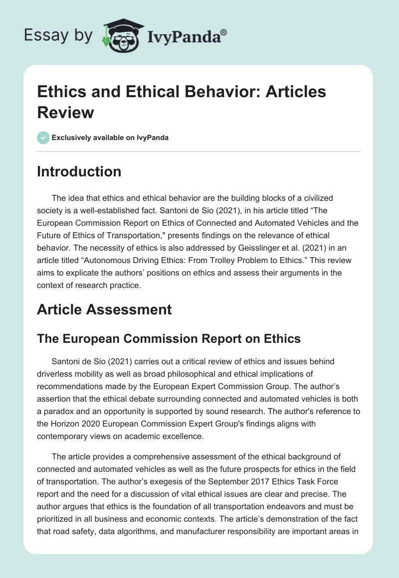 Ethics and Ethical Behavior: Articles Review. Page 1