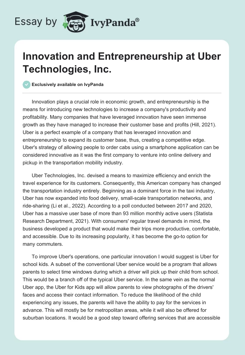 Innovation and Entrepreneurship at Uber Technologies, Inc.. Page 1