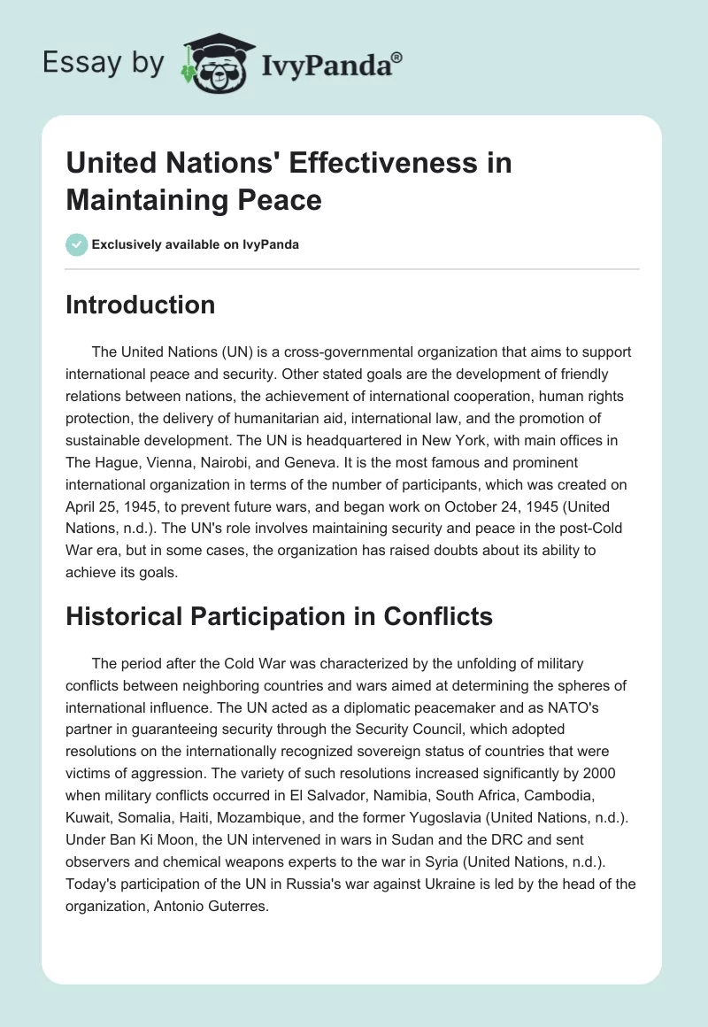 United Nations' Effectiveness in Maintaining Peace. Page 1