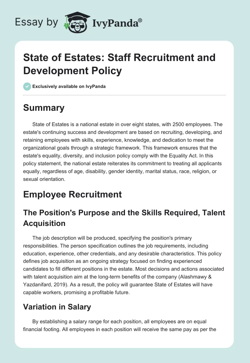 State of Estates: Staff Recruitment and Development Policy. Page 1