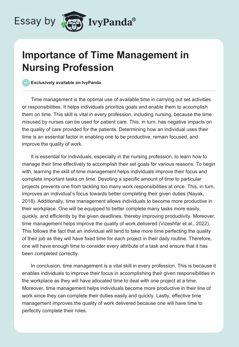 Importance of Time Management in Nursing Profession. Page 1