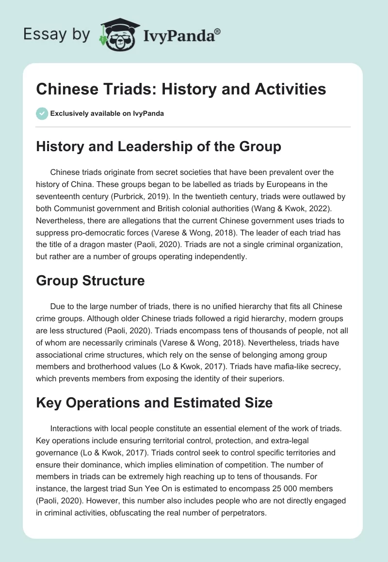 Chinese Triads: History and Activities. Page 1
