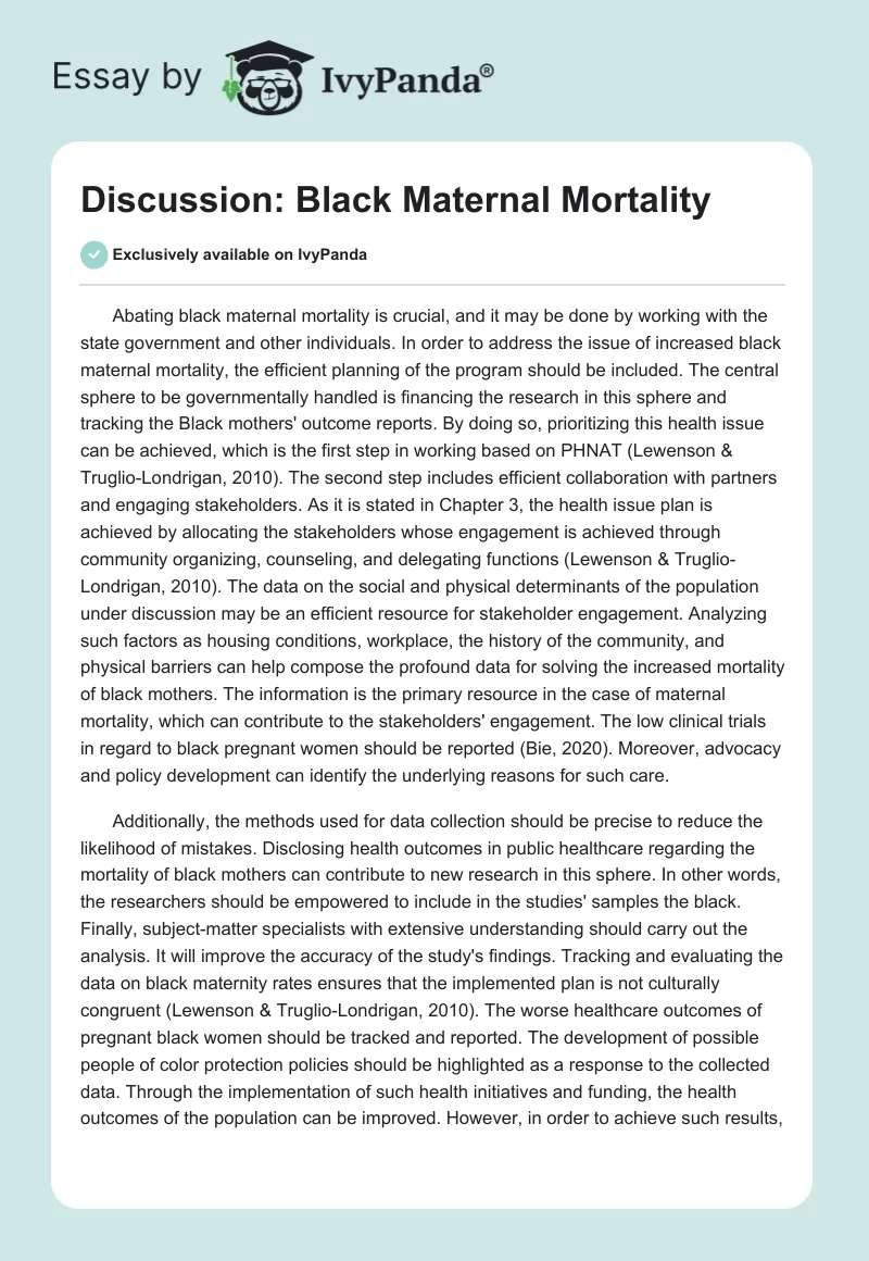 Discussion: Black Maternal Mortality. Page 1
