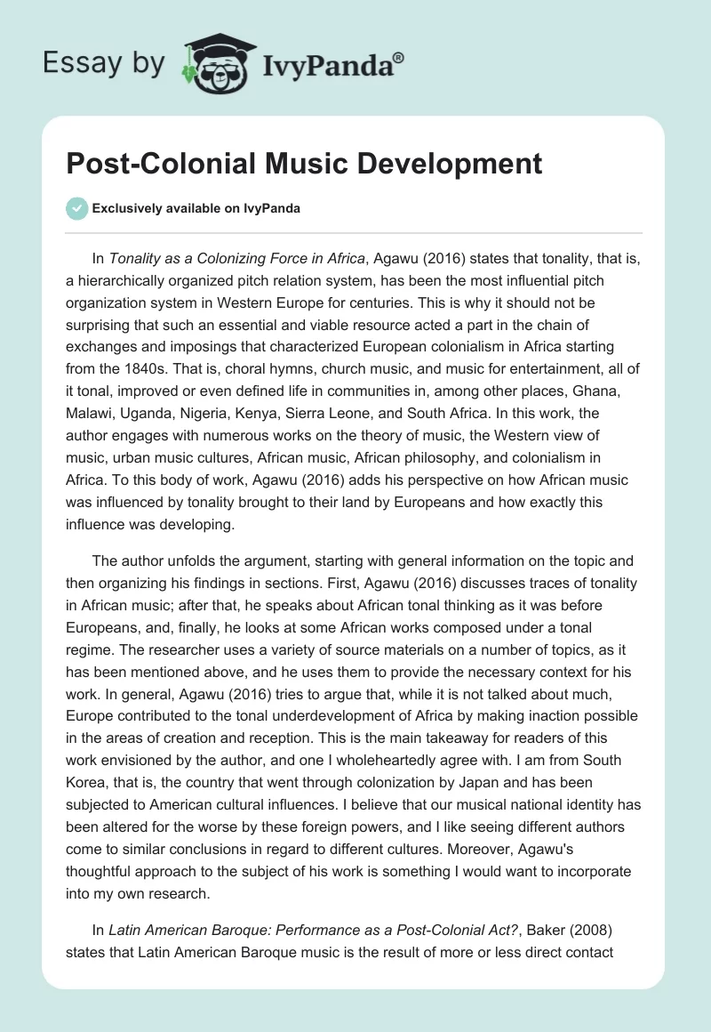 Post-Colonial Music Development. Page 1