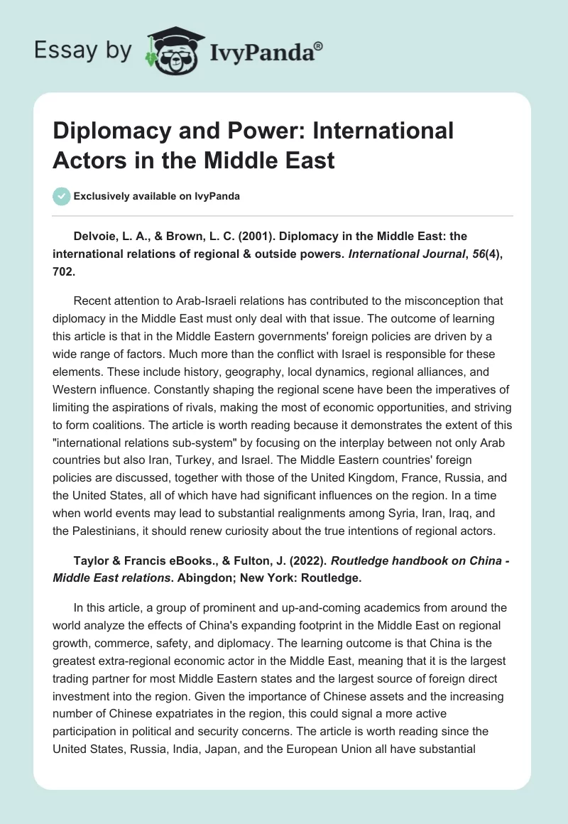 Diplomacy and Power: International Actors in the Middle East. Page 1