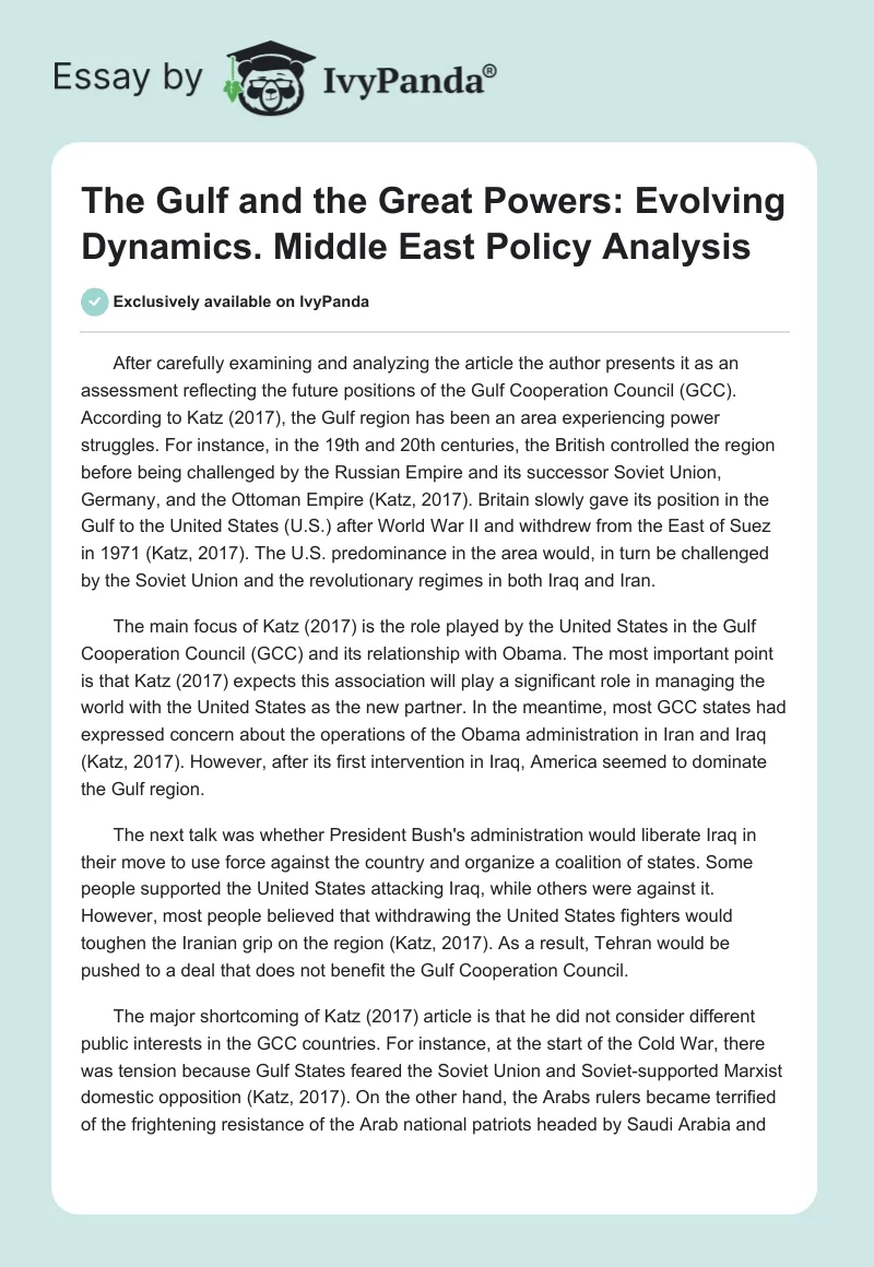 The Gulf and the Great Powers: Evolving Dynamics. Middle East Policy Analysis. Page 1