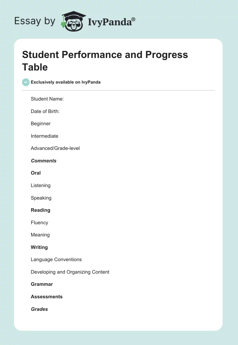 Student Performance and Progress Table. Page 1