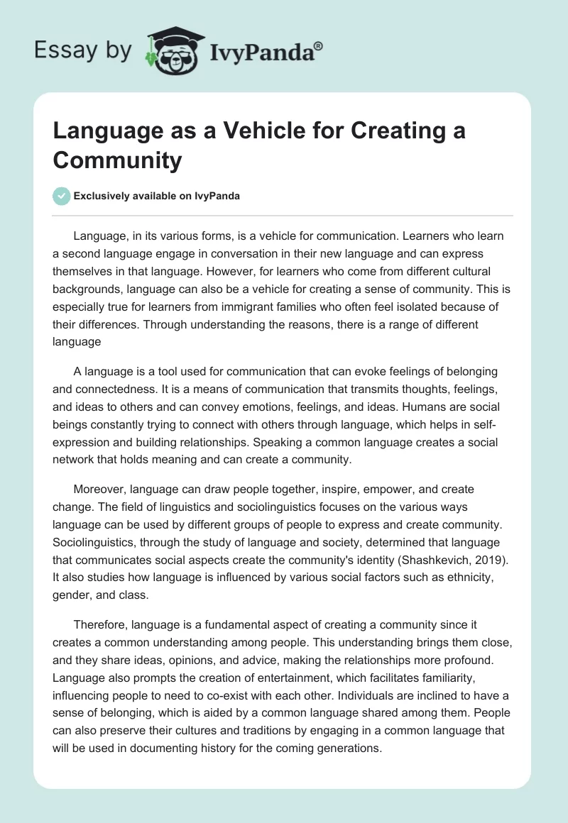 Language as a Vehicle for Creating a Community. Page 1