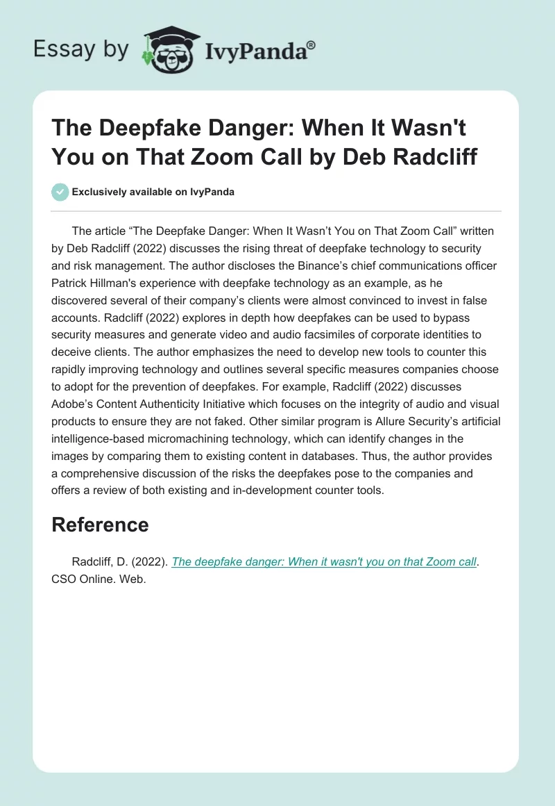"The Deepfake Danger: When It Wasn't You on That Zoom Call" by Deb Radcliff. Page 1
