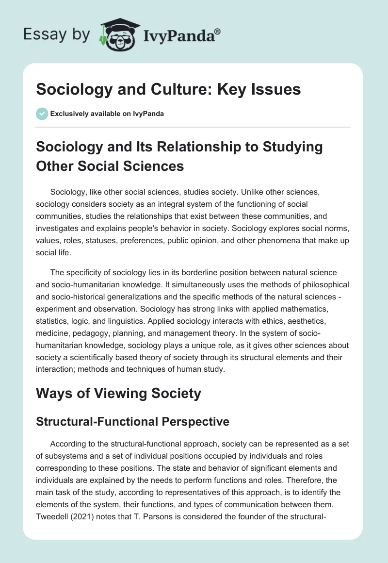 Sociology and Culture: Key Issues. Page 1
