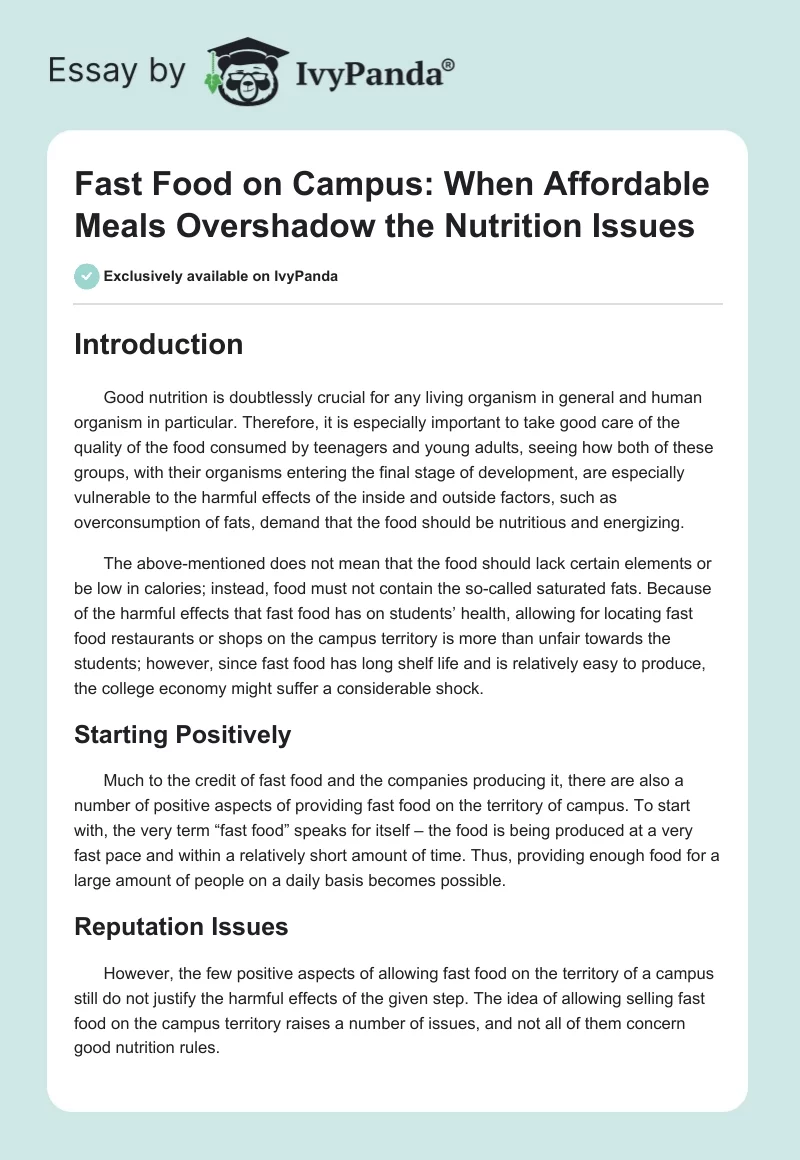 Fast Food on Campus: When Affordable Meals Overshadow the Nutrition Issues. Page 1