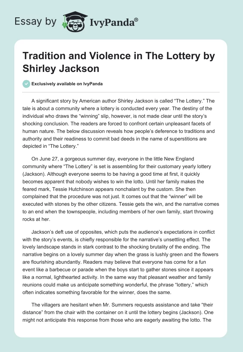 Tradition and Violence in "The Lottery" by Shirley Jackson. Page 1