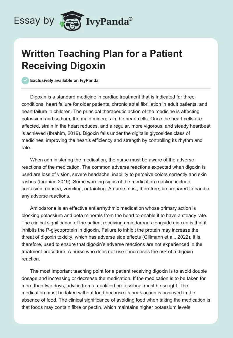Written Teaching Plan for a Patient Receiving Digoxin. Page 1