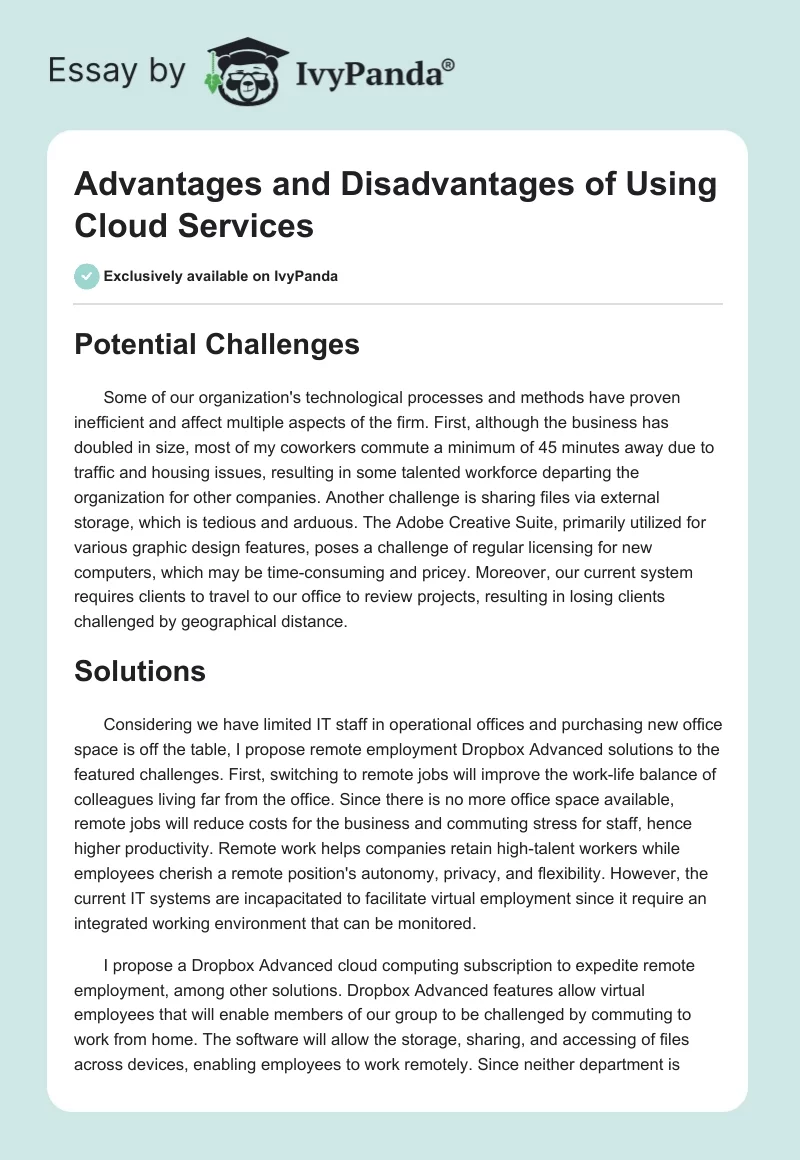 Advantages and Disadvantages of Using Cloud Services. Page 1