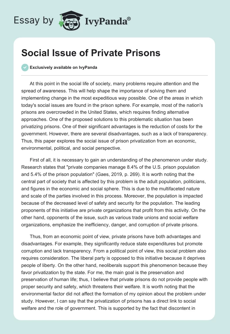 Social Issue of Private Prisons. Page 1