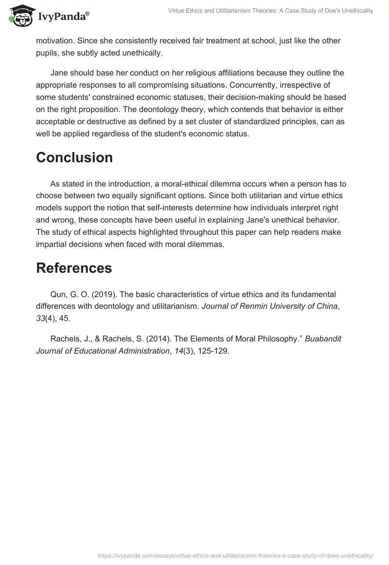 Virtue Ethics and Utilitarianism Theories: A Case Study of Doe's Unethicality. Page 3
