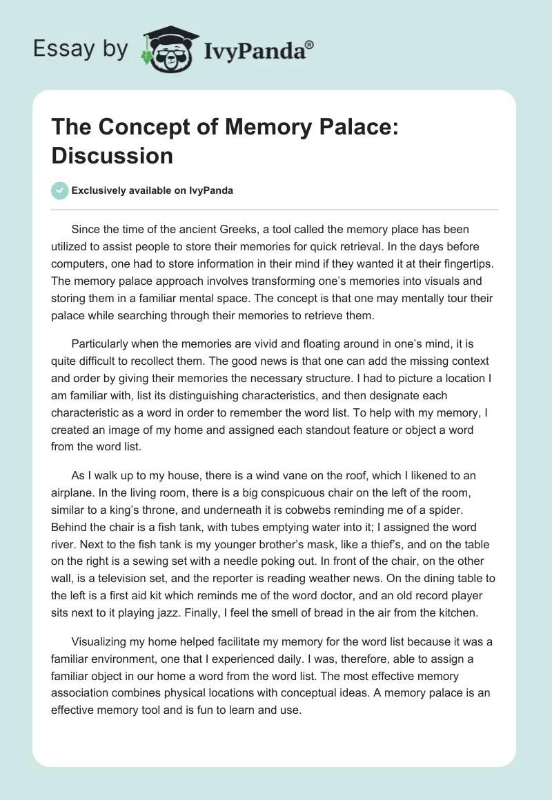 The Concept of Memory Palace: Discussion. Page 1