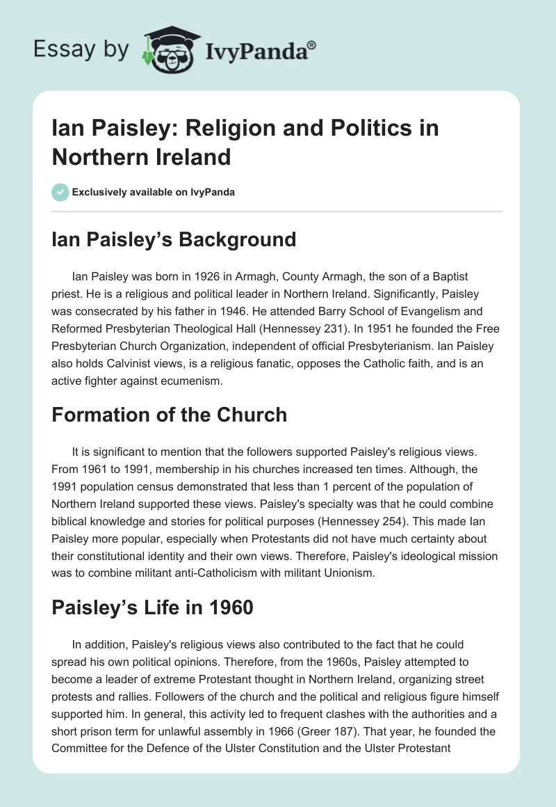 Ian Paisley: Religion and Politics in Northern Ireland. Page 1