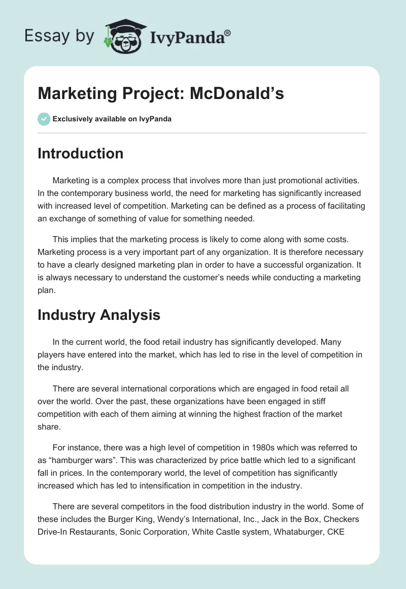 Marketing Project: McDonald’s. Page 1