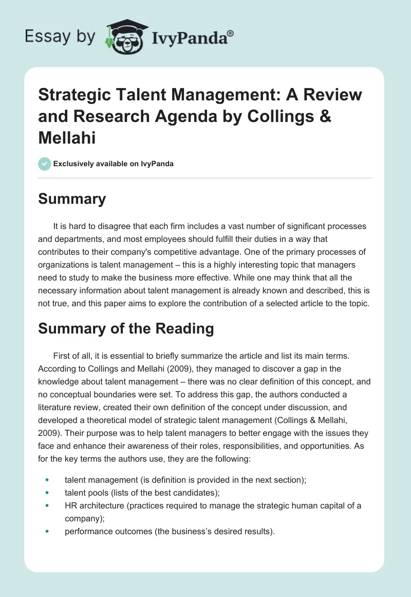 "Strategic Talent Management: A Review and Research Agenda" by Collings & Mellahi. Page 1