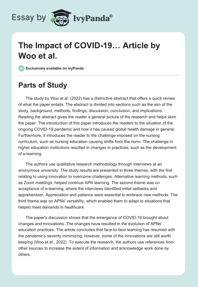 "The Impact of COVID-19…" Article by Woo et al.. Page 1