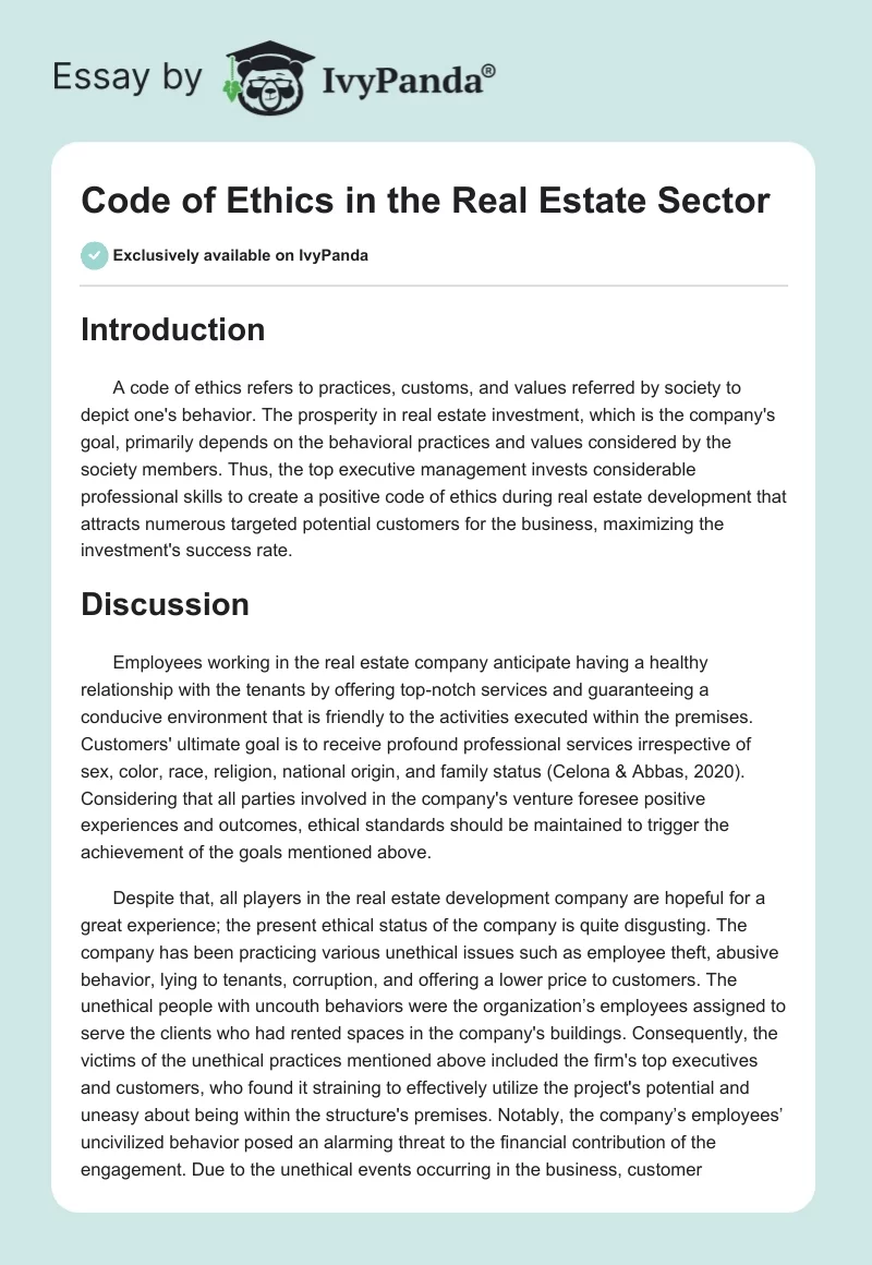 Code of Ethics in the Real Estate Sector. Page 1