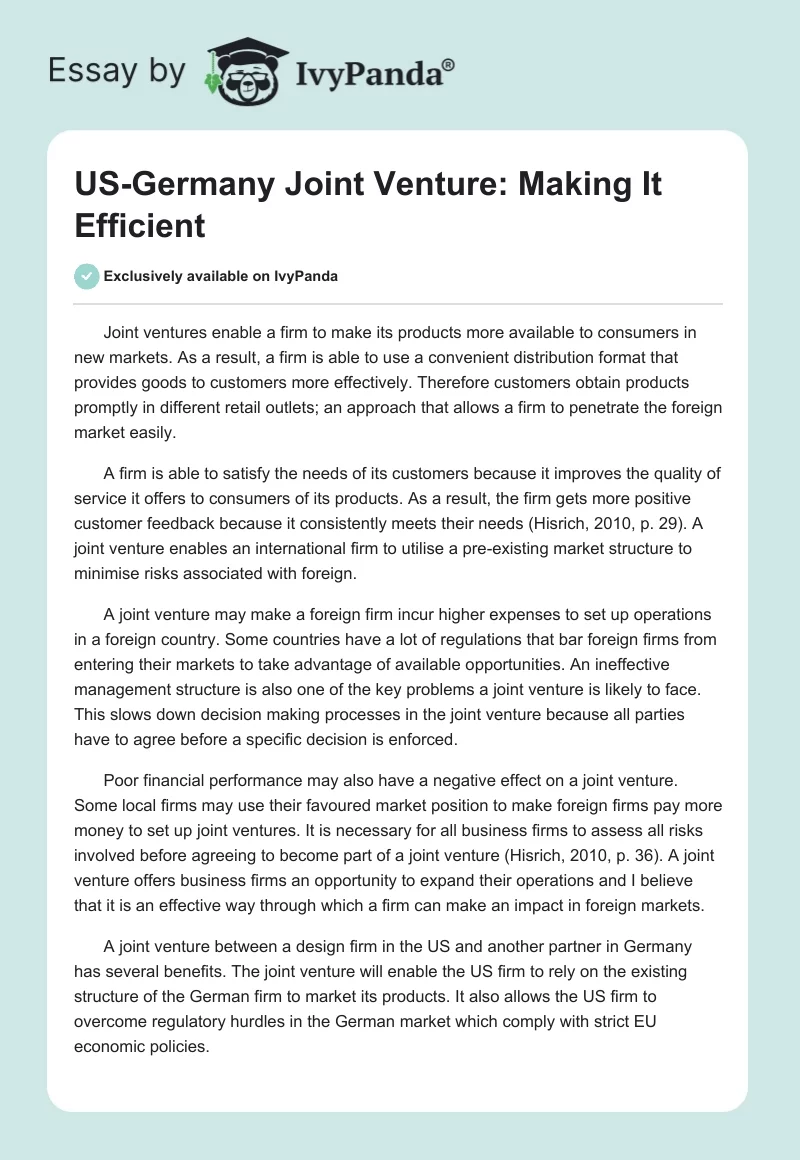 US-Germany Joint Venture: Making It Efficient. Page 1