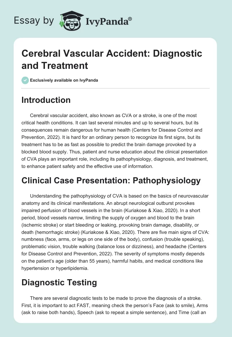 Cerebral Vascular Accident: Diagnostic and Treatment. Page 1