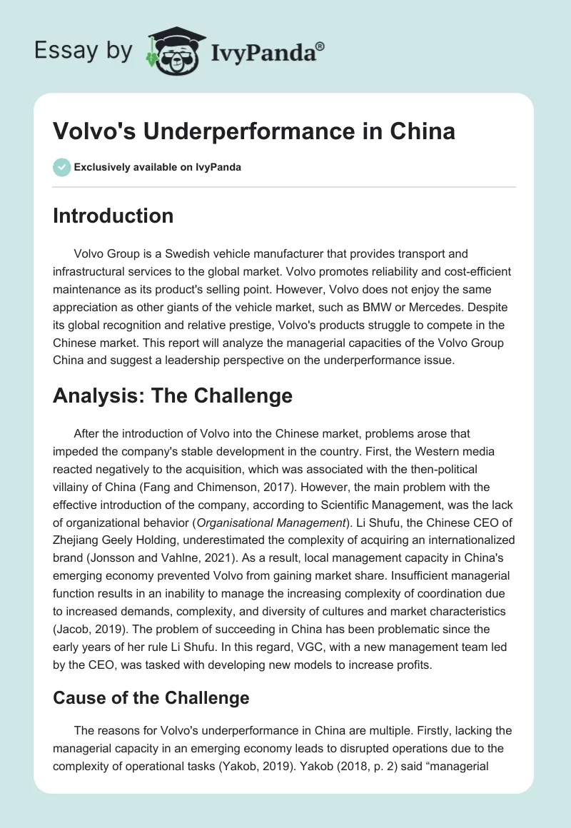 Volvo's Underperformance in China. Page 1