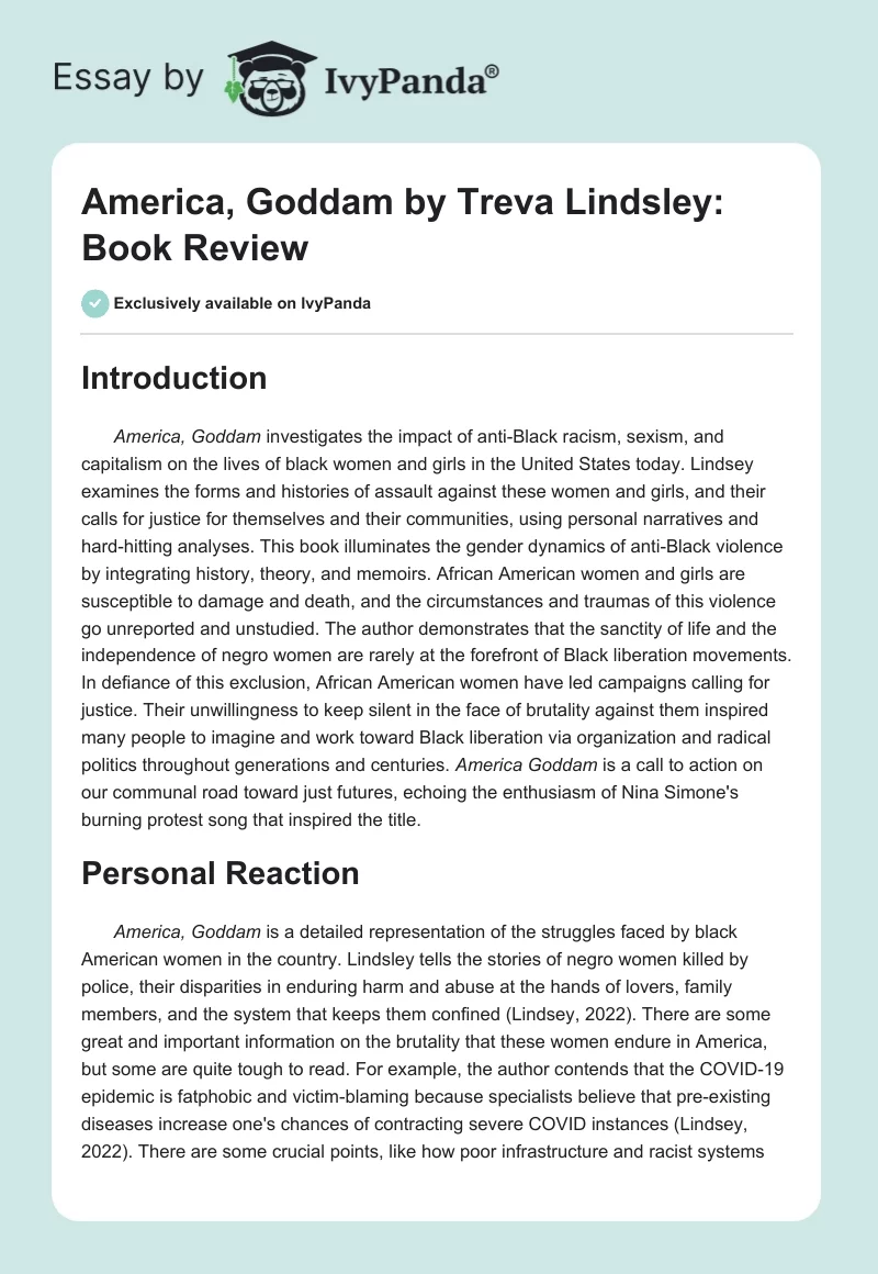 America, Goddam by Treva Lindsley: Book Review. Page 1