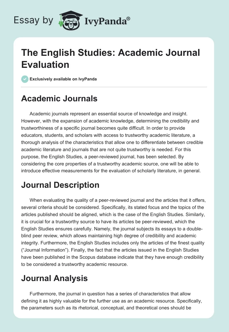 The English Studies: Academic Journal Evaluation. Page 1