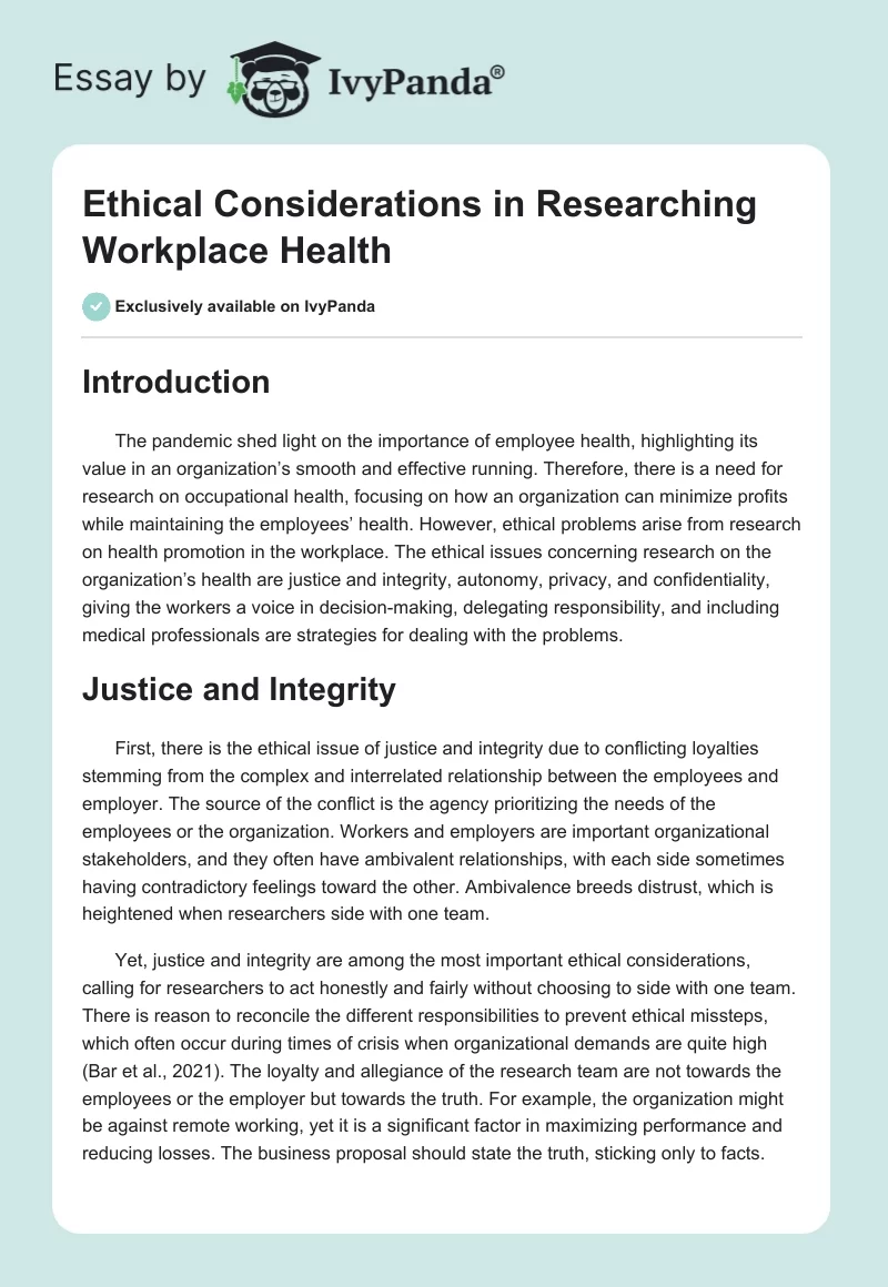 Ethical Considerations in Researching Workplace Health. Page 1