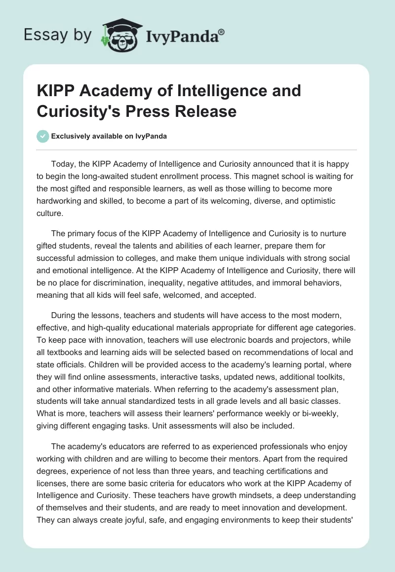 KIPP Academy of Intelligence and Curiosity's Press Release. Page 1