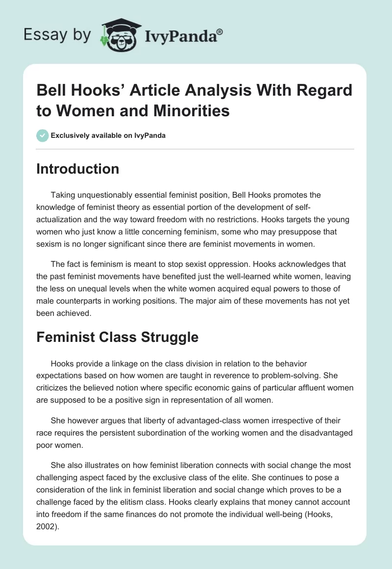 Bell Hooks’ Article Analysis With Regard to Women and Minorities. Page 1