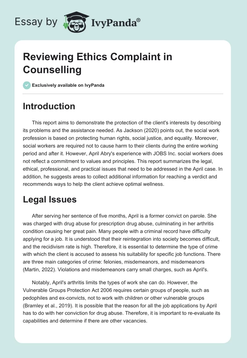 Reviewing Ethics Complaint in Counselling. Page 1